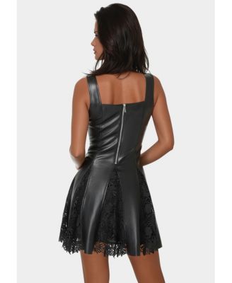 Women's Faux Leather Lace Inset Flare Dress