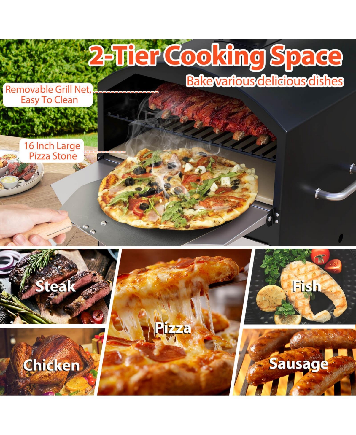 Costway 16" Outdoor Pizza Oven with Stone Peel & Grill Racks Folding Legs and Cover
