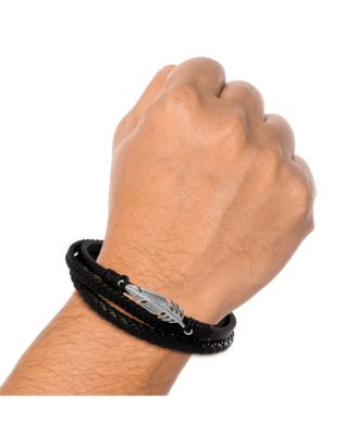 Mens Triple Row Black Leather Bracelet with Silver Accents