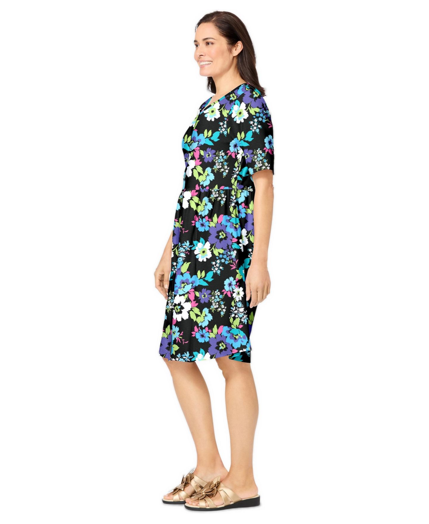 Женское платье Woman Within Plus Size Button-Front Short Essential, цвет: Чёрный разноцветный — фото 3