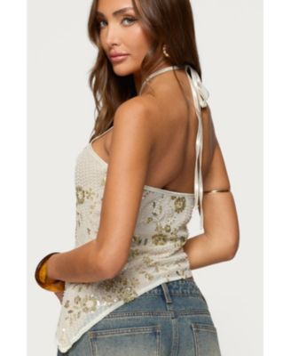 Womens Beaded Sequin Asymmetric Halter Top