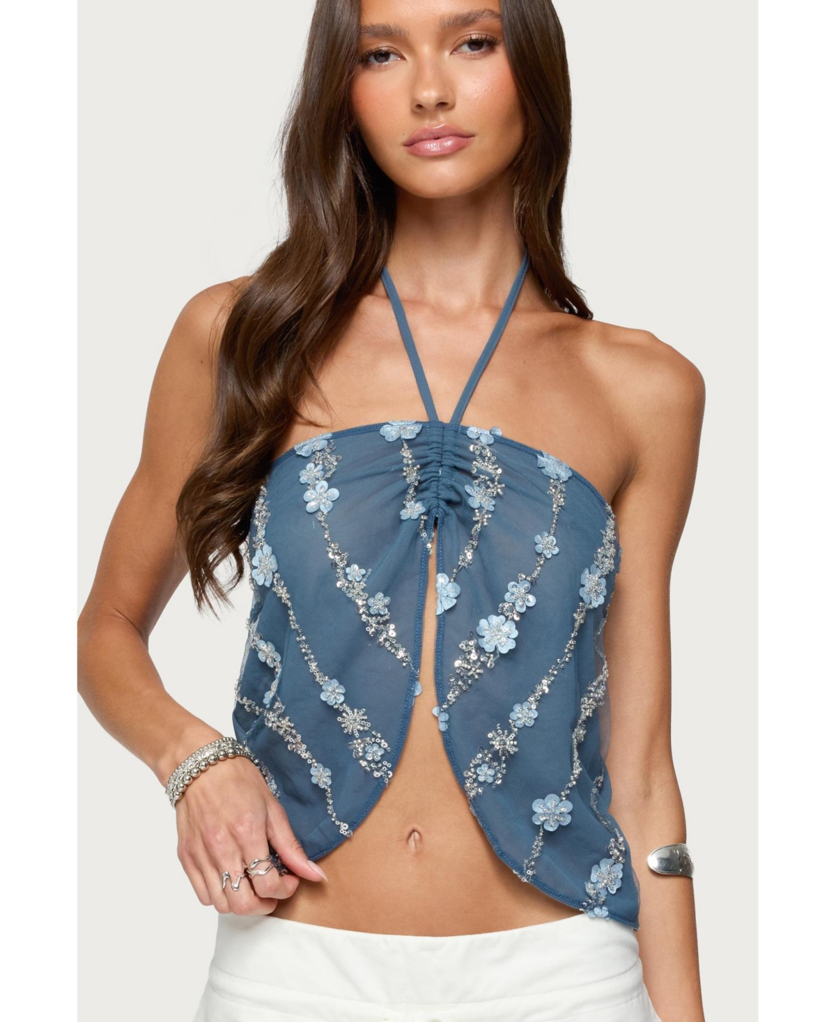 Edikted Women's Beaded Floral Split Front Halter Top