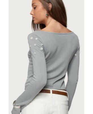 Womens Iridescent Button Boat Neck Top