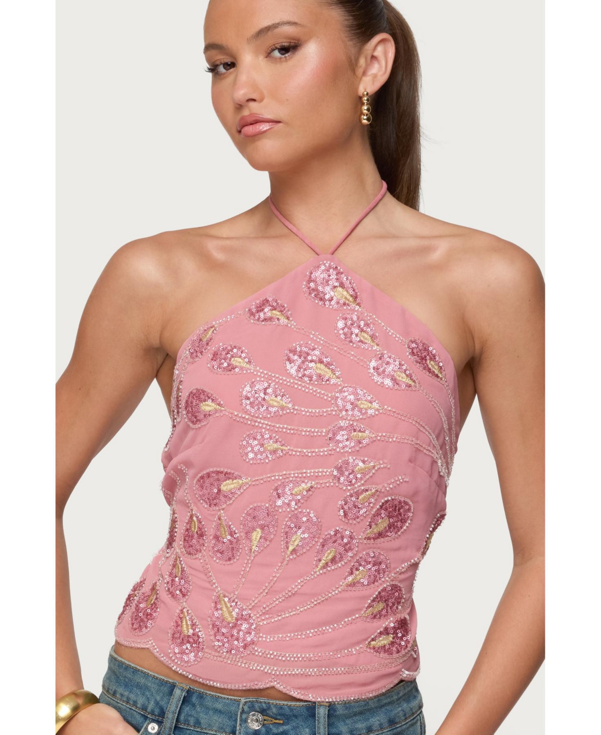 Edikted Women's Embroidered Bead & Sequin Halter Top