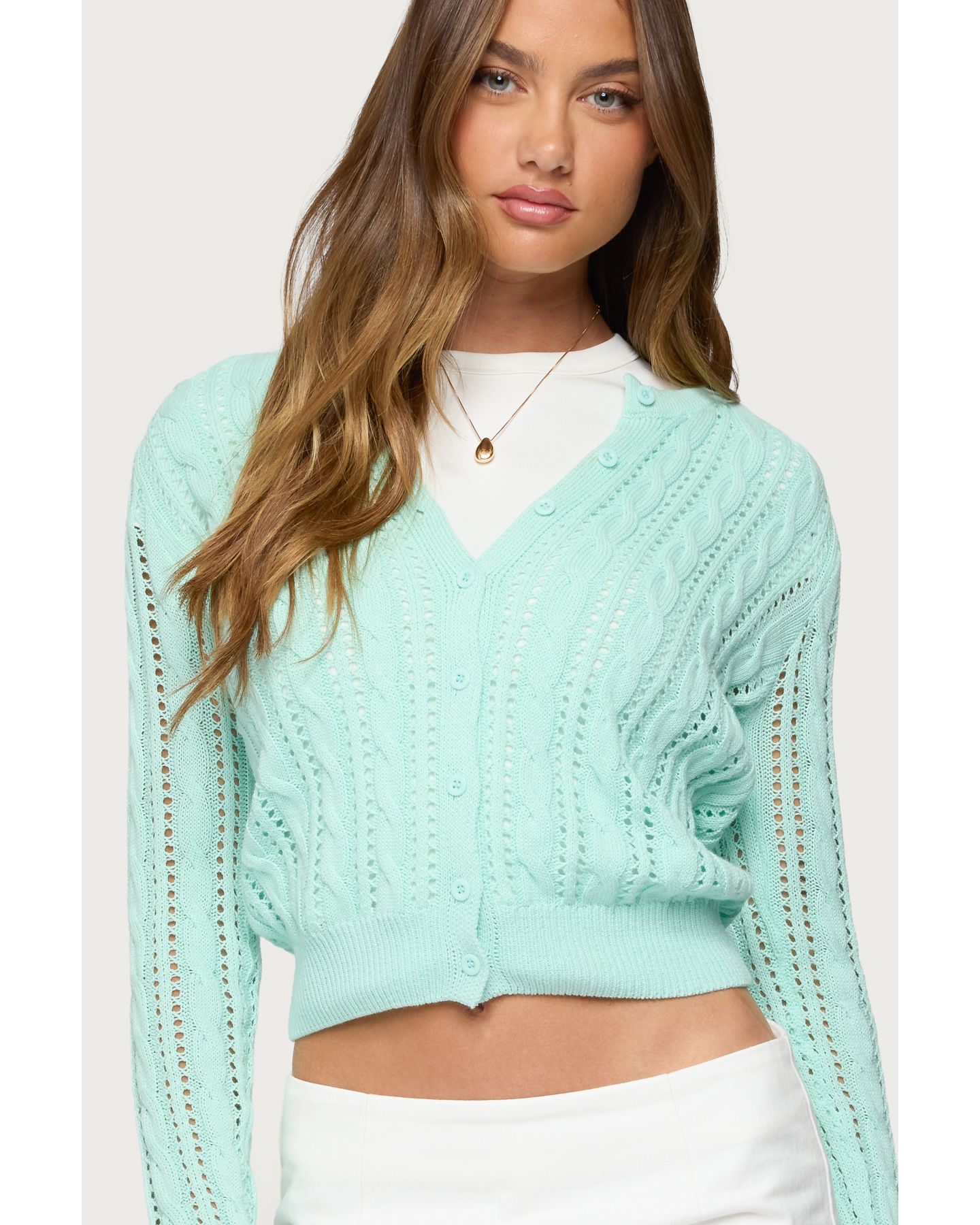 Женский кардиган Edikted Haisley Cable Knit, цвет: Аквамариновый — фото 3