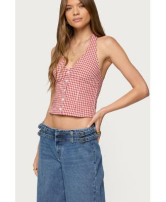 Womens Evan Gingham Button Up Halter Top