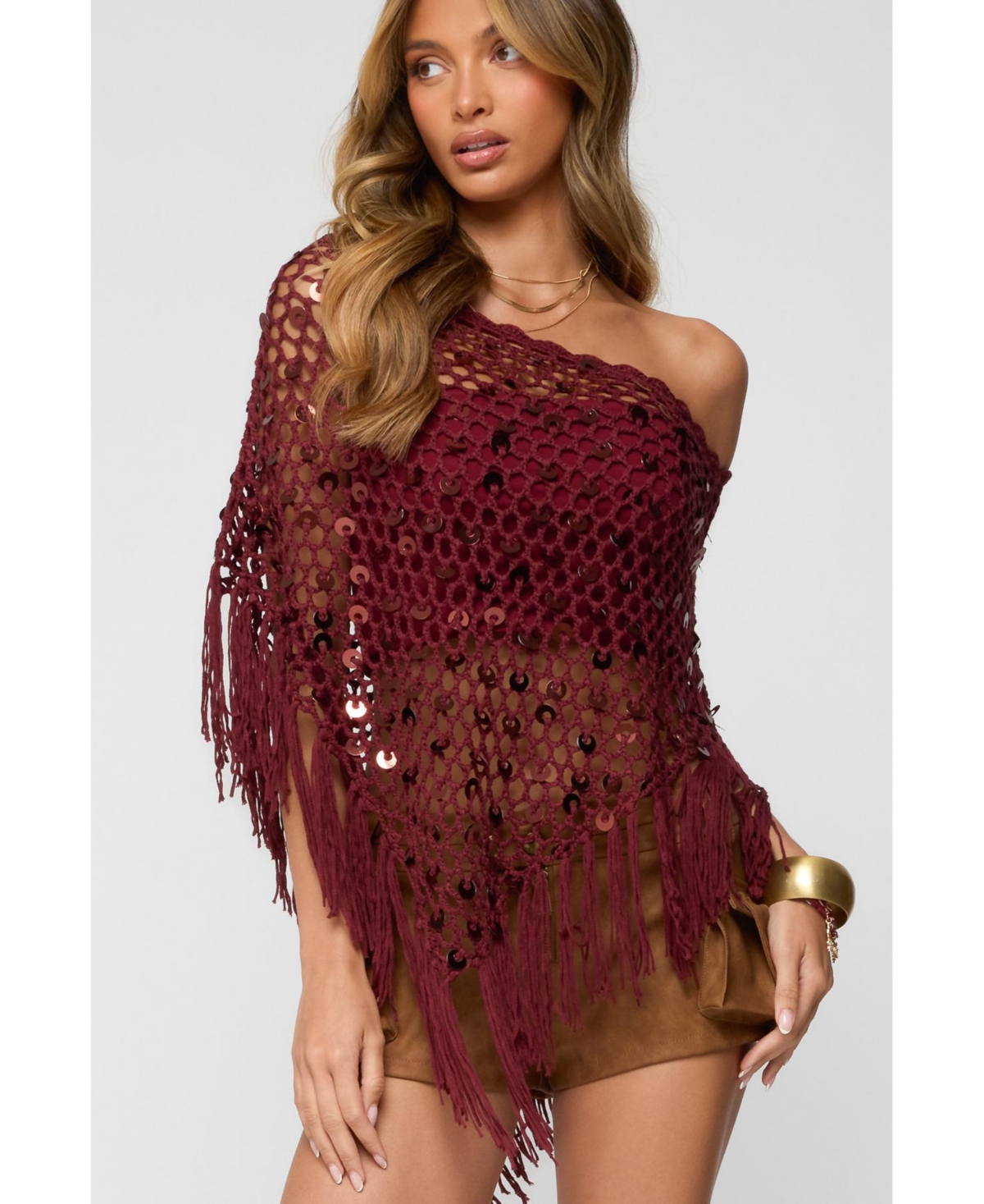 Edikted Women's Fringe Sequin Crochet Poncho