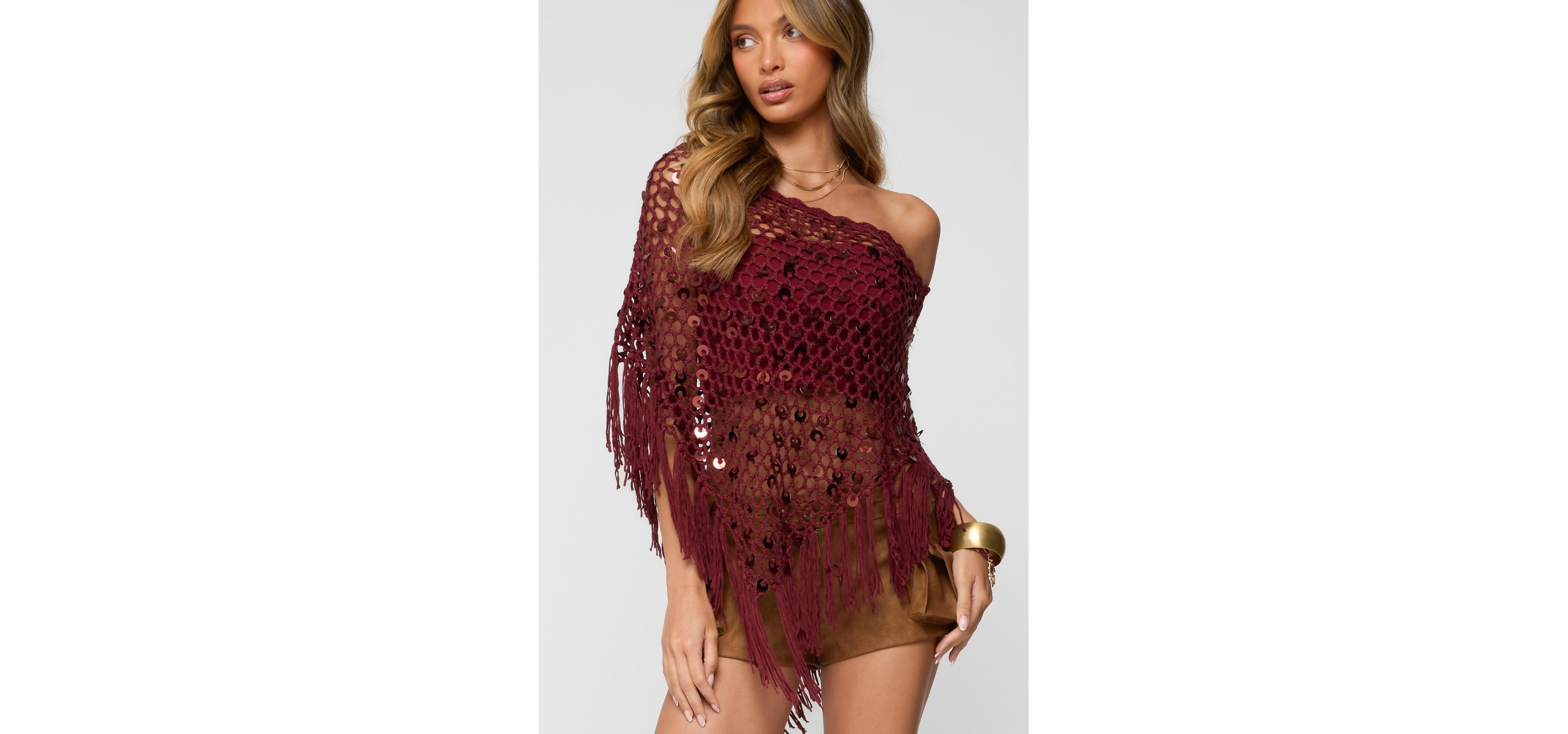 Edikted Women's Fringe Sequin Crochet Poncho