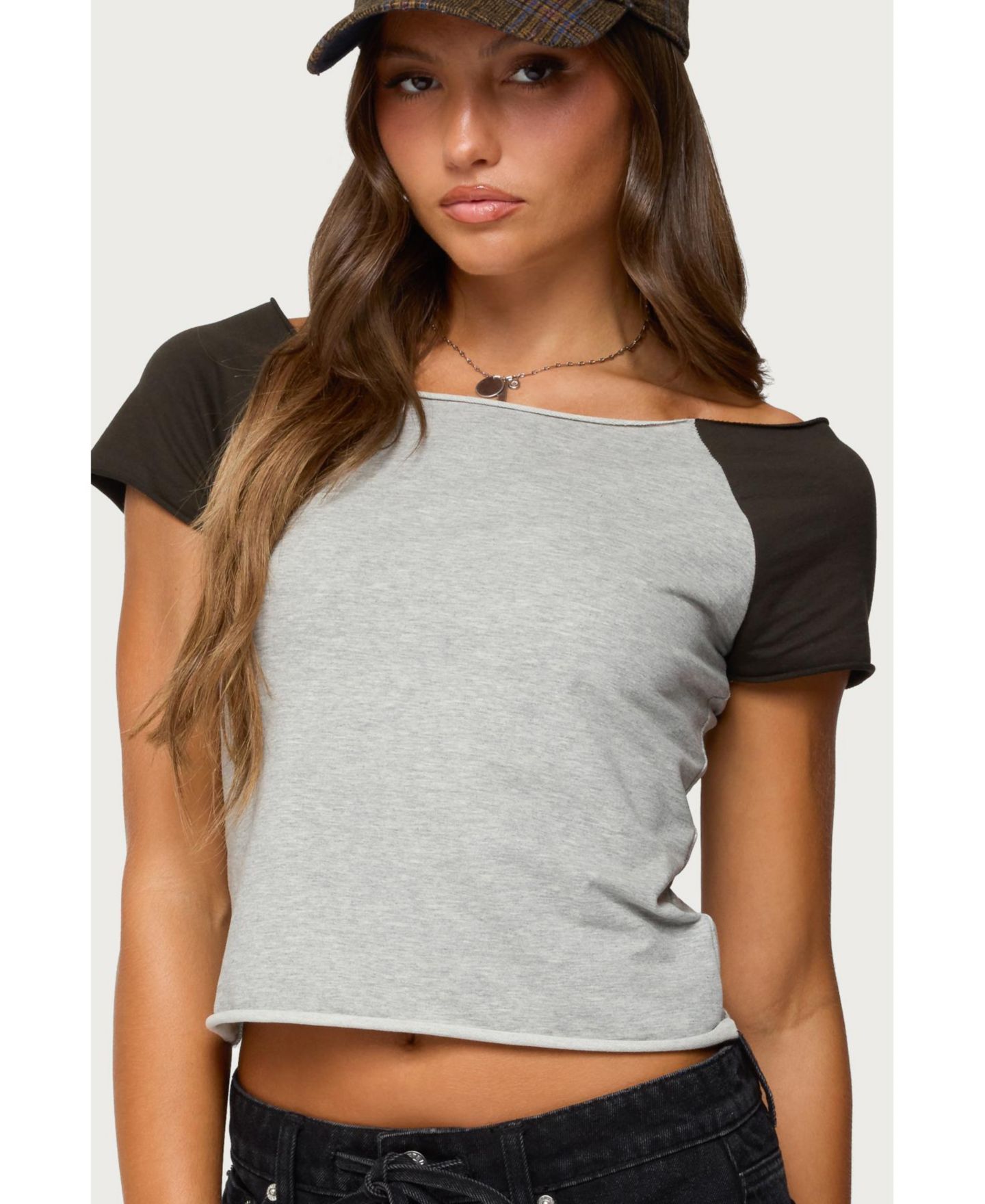Женская футболка Edikted Liva Contrast Raglan, цвет: Серый меланжевый — фото 1