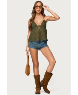 Womens Sheer Crochet Babydoll Halter Top