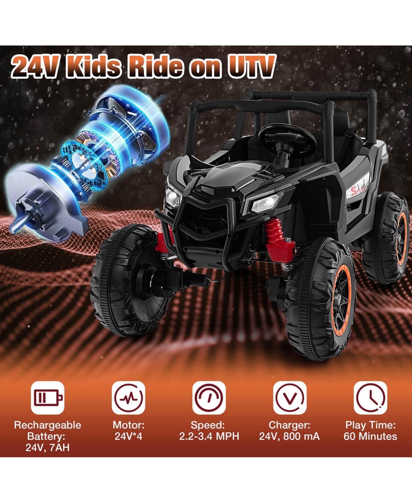 Детская игрушка Costway 24V Kids Ride-On UTV with Remote Control, от 3 лет, цвет: Чёрный — фото 8