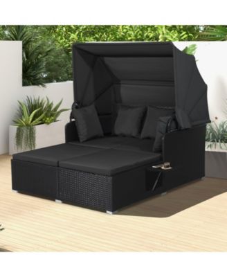 Patio Rattan Daybed Lounge Retractable Top Canopy Side Tables Cushions Outdoor