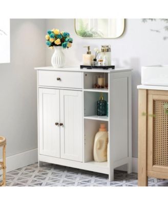 Double-Door Bathroom Cabinet with Adjustable Panels, Drawer, and Side Shelves