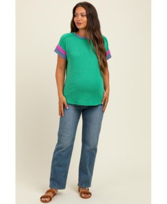 Maternity Pink Ribbed Colorblock Detail Short Sleeve Top