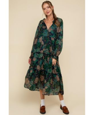 Maternity Beige Floral Chiffon Ruffle Tiered Midi Dress