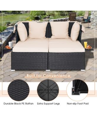 Patio Rattan Daybed Lounge Retractable Top Canopy Side Tables Cushions