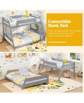 Twin Over Full Low Bunk Bed Solid Wooden Floor Bunk Bed w/ Reversible Ladder White