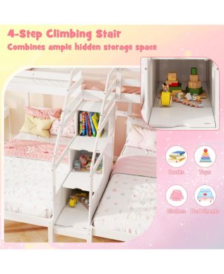 Wooden Twin Over Twin & Twin Bunk Bed w/ 4-Step Storage Staircase Guardrail