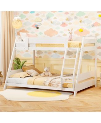 Twin Over Full Low Bunk Bed Solid Wooden Floor Bunk Bed w/ Reversible Ladder White