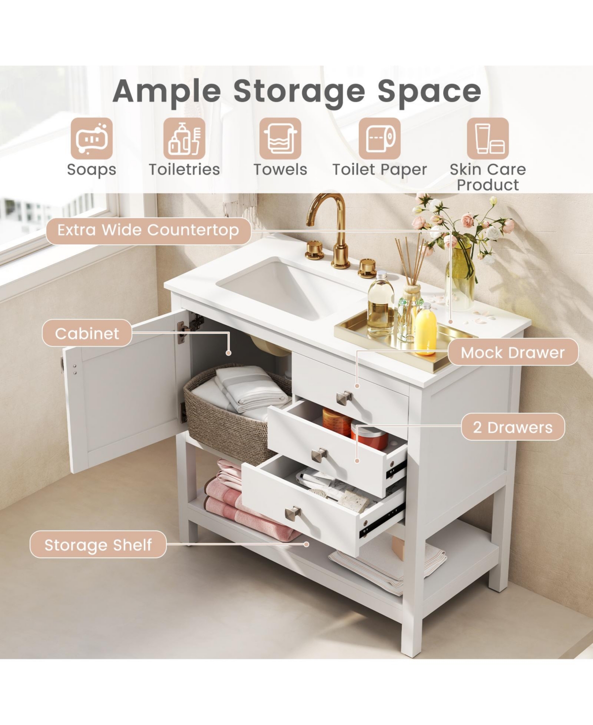 Gymax Bathroom Vanity Unit w/ Basin w/ Extra Wide Granite Countertop Ceramic Sink