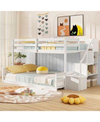Twin Over Full Low Bunk Bed w/ Storage Stairs w/ Full-length Guardrails