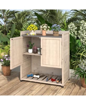 Potting Bench, Outdoor Wooden Storage Cabinet with Adjustable Shelf, Metal Tabletop