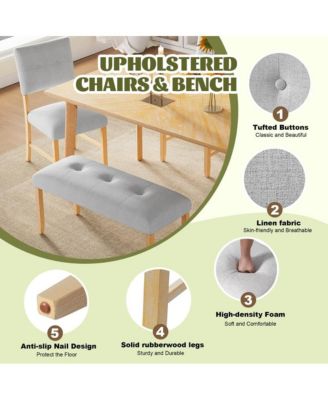 Linen Tufted Upholstered Bench with Padded Seat and Wood Legs for Entryway or Bedroom