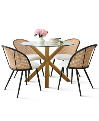Round Glass Dining Table with 4 Rattan-Inspired Chairs,Dining Set