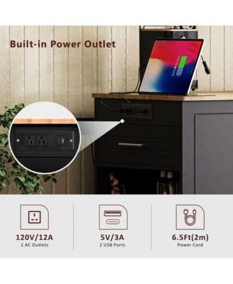 Rolling Kitchen Island with Trash Bin Cabinet, Power Outlet, 3 Drawers, Side Spice Racks, Solid Wood Top, Lockable Wheels