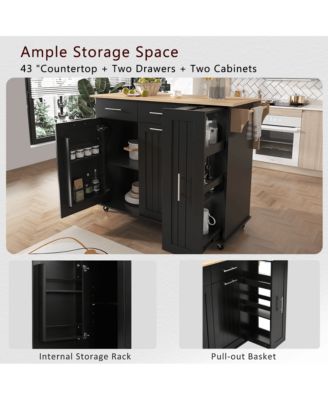 46" Rubberwood Top Rolling Kitchen Island Cart with Drop Leaf, 3-Tier Pull-Out Organizer and Hidden Door Racks
