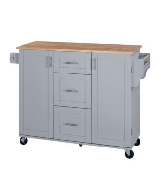 Rolling Kitchen Island 50-Inch with Rubber Wood Top, Slide-Out Shelves, 3 Drawers and Storage Racks