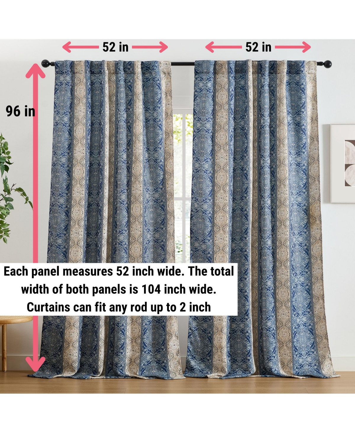 Hlc.me William Boho Damask Striped Patterned Window Back Tab Rod Pocket Curtains Bedroom - Light Blocking Darkening Window Panels
