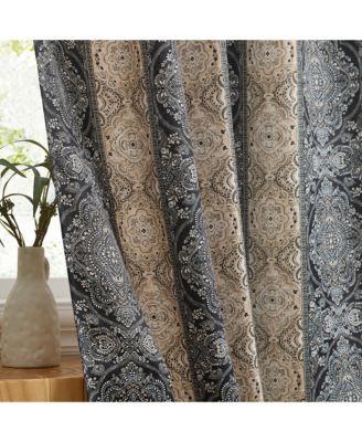 William Boho Damask Striped Patterned Window Back Tab Rod Pocket Curtains Bedroom - Light Blocking Darkening Window Panels, Set of 2