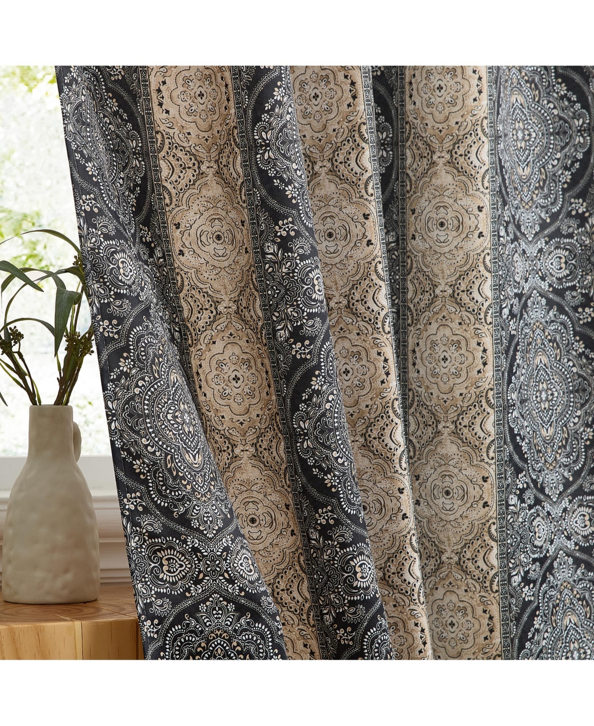 Hlc.me William Boho Damask Striped Patterned Window Back Tab Rod Pocket Curtains Bedroom - Light Blocking Darkening Window Panels, Set of 2