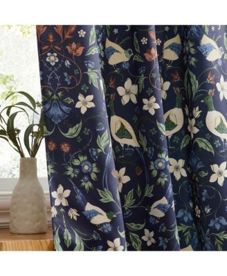 Florence Floral & Birds Patterned Window Back Tab Rod Pocket Curtains Bedroom - Light Blocking Darkening Window Panels, Set of 2