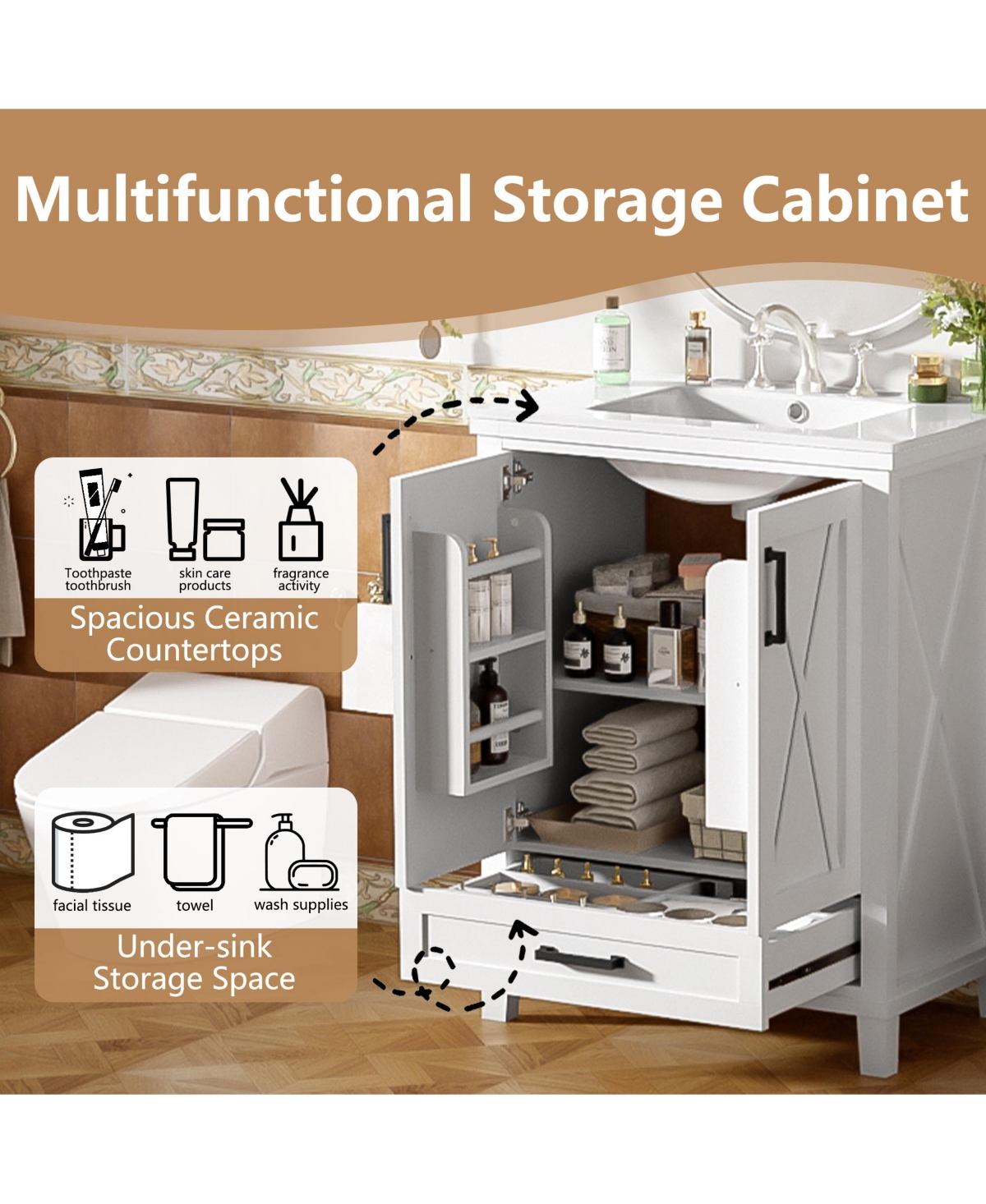 Casainc 24" Bathroom Vanity with Sink, Solid Wood Frame and Mdf, 2 Soft-Close Doors, Drawer and Storage Shelves