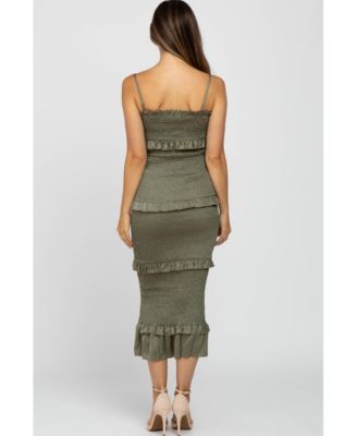 Olive Satin Smocked Fitted Maternity Maxi Dress