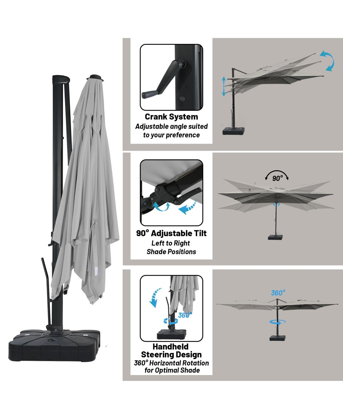 Boyel Living 10x13 ft. 360° Rotation Cantilever Patio Umbrella with BaseandLED Light