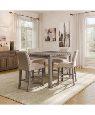 Rustic Counter Height Dining Table Set for 4, Farmhouse 5-Piece Linen Upholstered Stools Dinette Set with Nailhead Accents