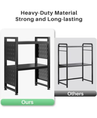 17.4"- 27.4" Expandable Microwave Stand, 3-Tier Heavy Duty Adjustable Height Microwave Oven Rack with 9 Hooks and Cutting Board Holder, Countertop Kitchen Shelf Organizer, Holds up to 180 lbs, Black