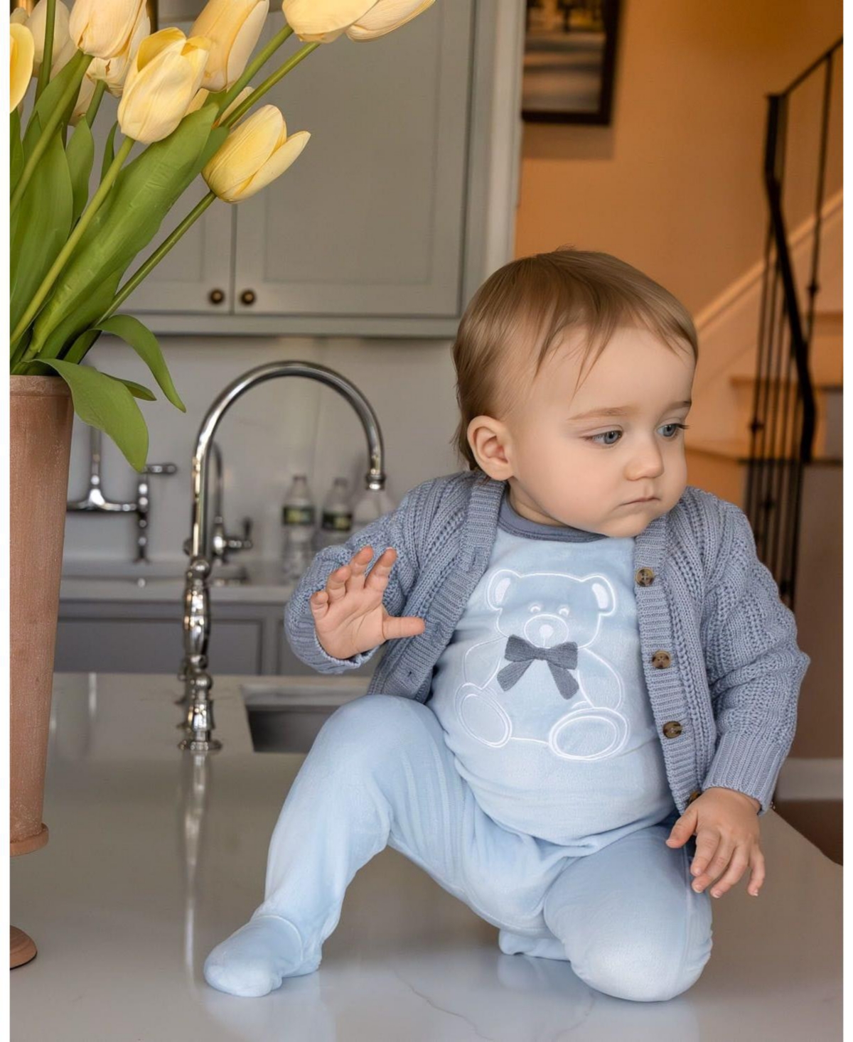 MeMoi Baby and Toddler "Teddy Snuggles" Embossed Cotton Rich Velour Footie
