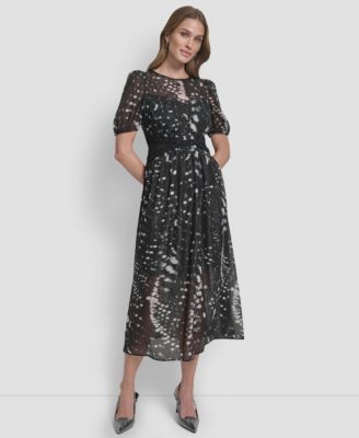 Women's Crinkle Detail Fit and Flare Midi Dress