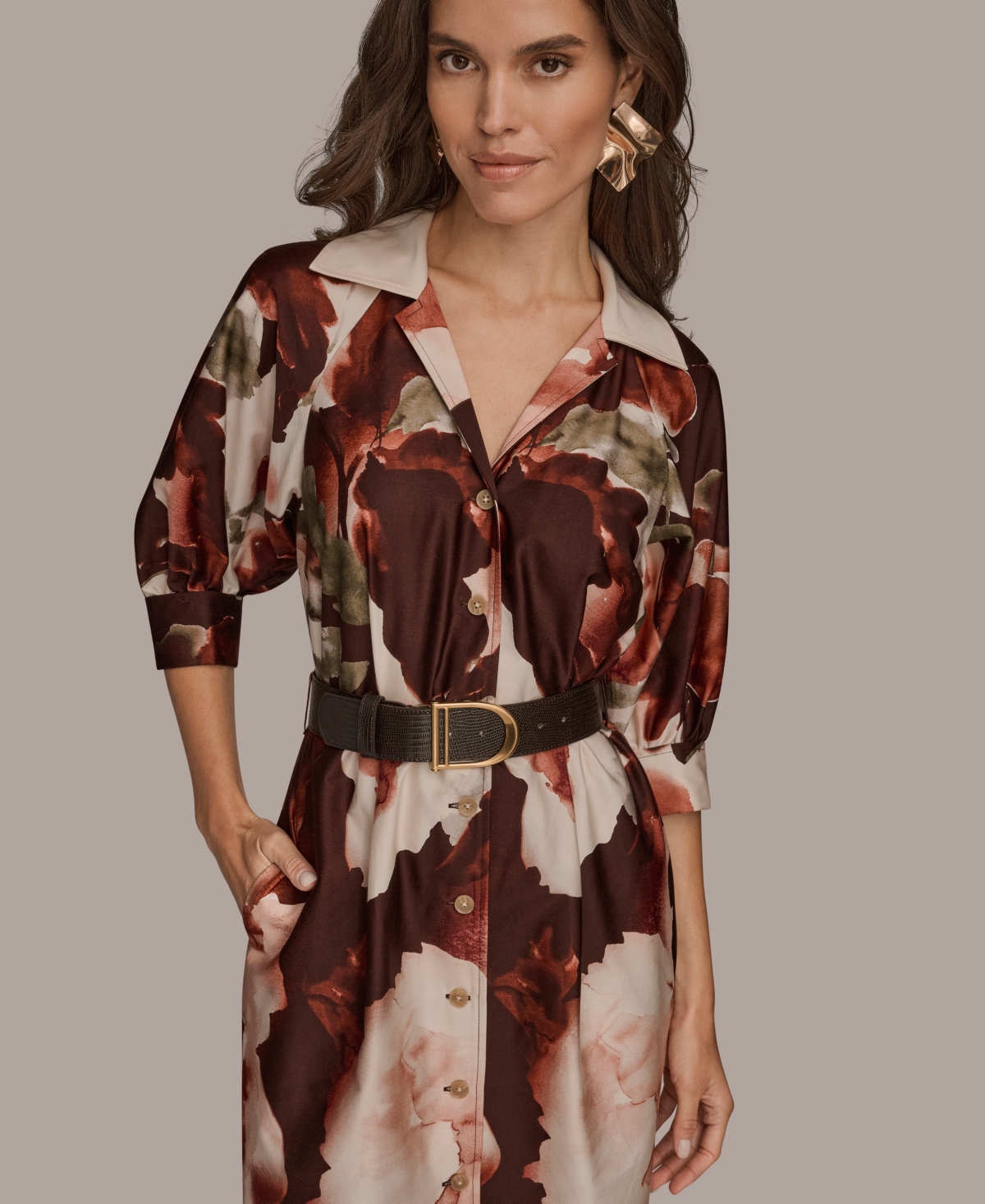 Donna Karan Floral Print Belted Shirtdress In Multi
