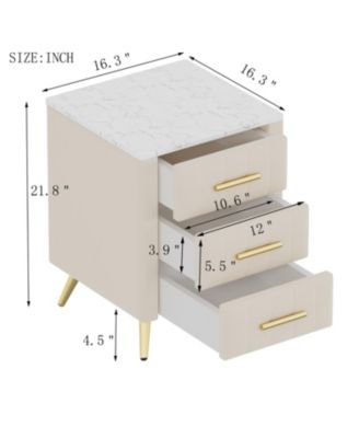  Upholstered Nightstand - 3 Drawers, Metal Legs & Marbling Top