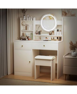  Vanity Desk with Mirror, Lights, and Cushioned Chair