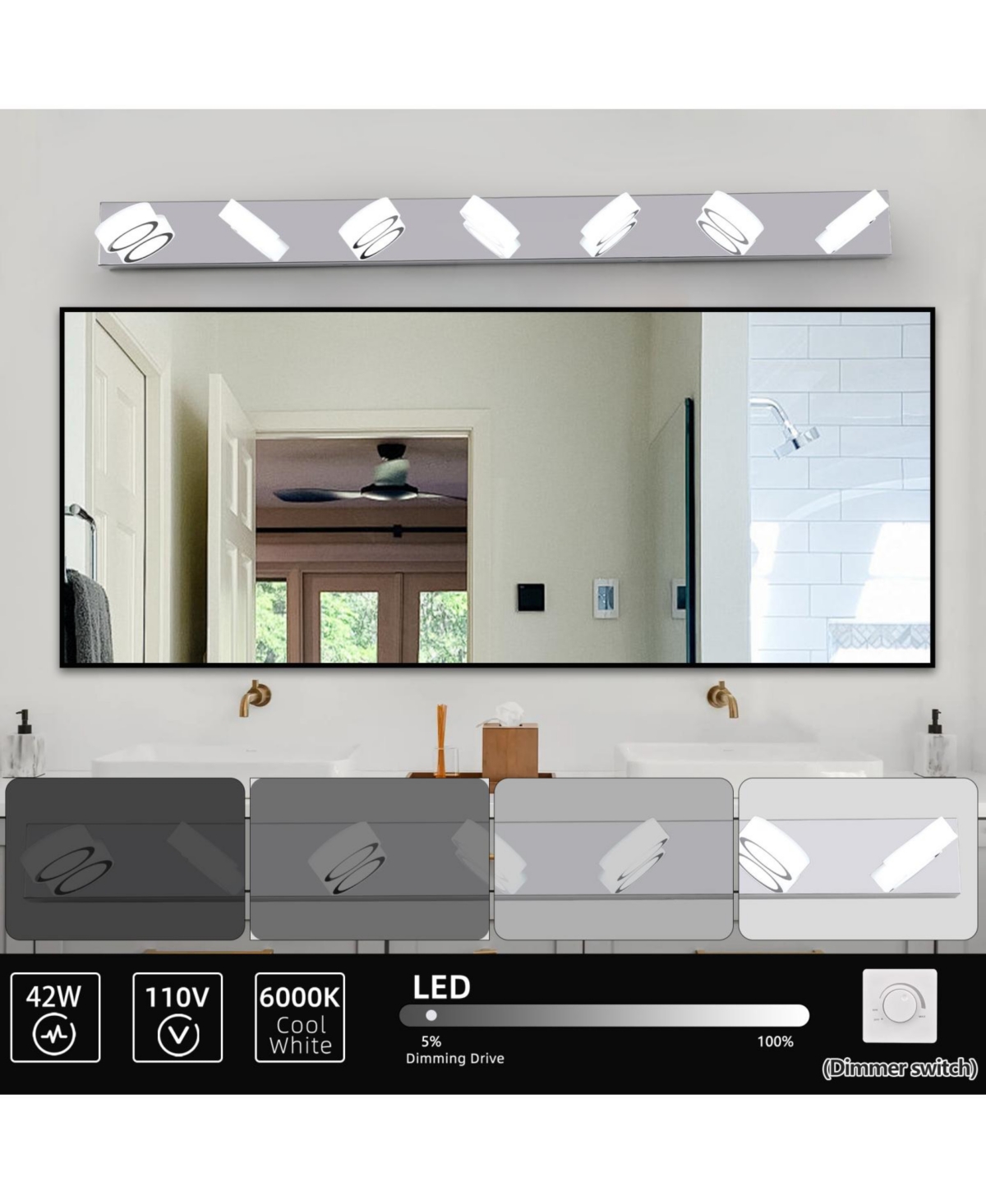 Streamdale Furniture Modern 7-Light Led Vanity Light - Chrome with Acrylic Shades - Dimmable, 52.2" Length
