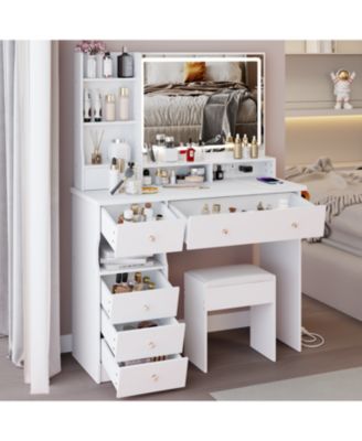 Vanity Table with Cushioned Stool, Power Station, Hair Dryer Stand, Large LED Mirror