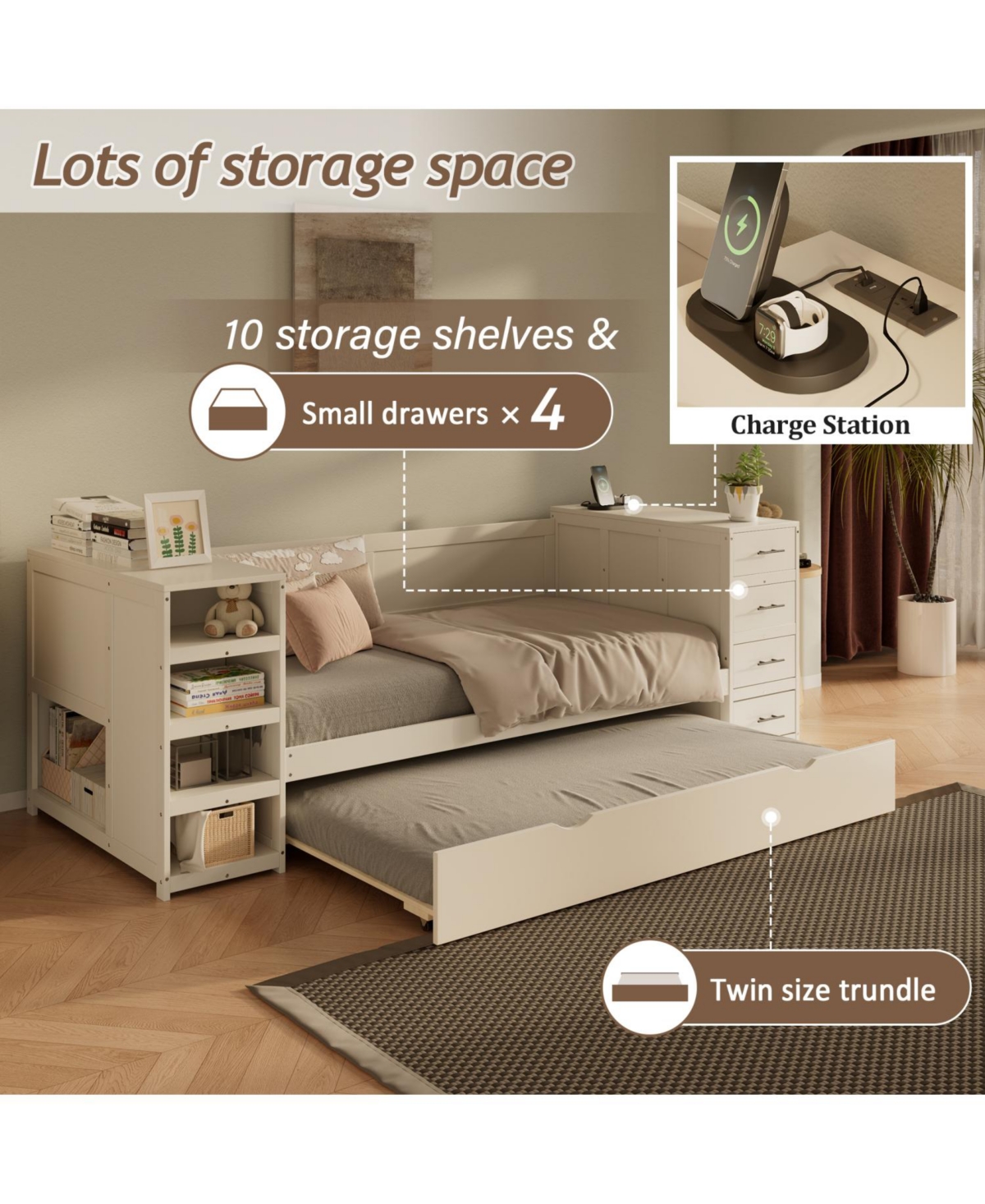 Streamdale Furniture Twin Daybed with Trundle Shelves Desk & Charging
