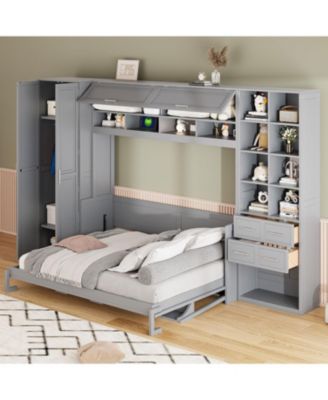 Queen Size Murphy Bed Wall Bed with Closet Drawers and Shelves