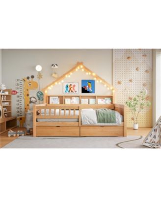 Wood Full House Platform Bed with LED & Storage